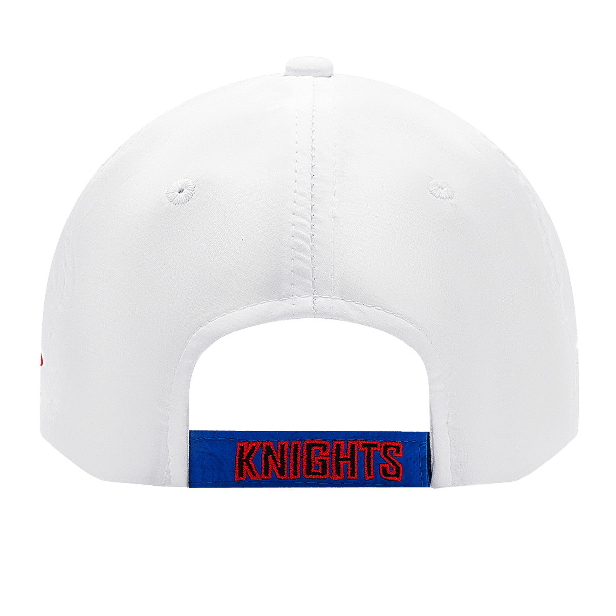 Back view of the Knights NRL 25/26 Media Cap by Classic Sportswear, a white polyester hat. "KNIGHTS" is embroidered in blue and red on the adjustable Velcro closure for a secure fit.