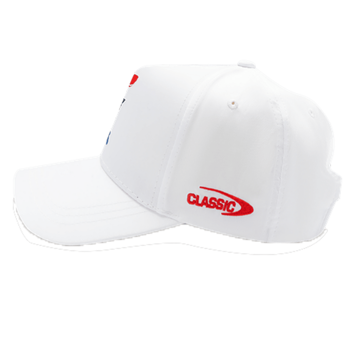 The Knights NRL 25/26 Media Cap by Classic Sportswear showcases a white design with a curved brim and red "CLASSIC" logo on the side. Made from quick-drying polyester, it offers comfort and durability, while an adjustable Velcro closure provides the perfect fit for any adventure.