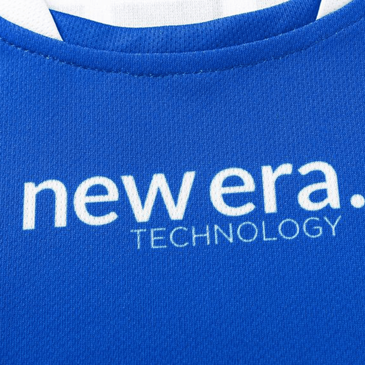 Close-up of the Knights NRL 25/26 Replica Home Jersey by Classic Sportswear, showcasing blue fabric with "new era TECHNOLOGY" in white text and sublimated graphics for added depth.