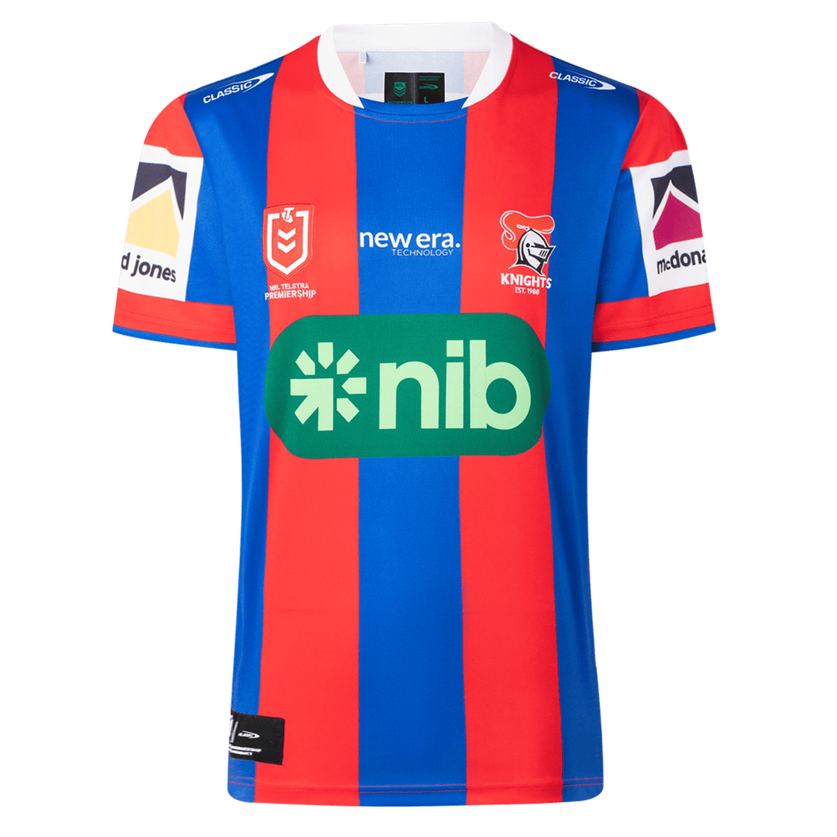 The Knights NRL 26/27 Replica Home Jersey by Classic Sportswear features blue and red stripes, the Newcastle Knights logo, sponsor logos, and white accents on the sleeves and collar.