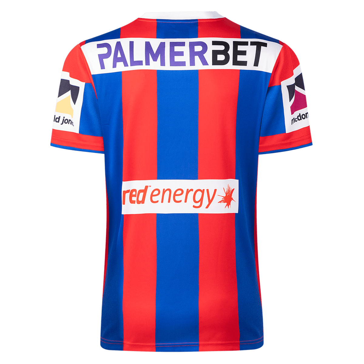 The Knights NRL 26/27 Replica Home Jersey by Classic Sportswear features red and blue vertical stripes, sponsor logos including "PALMERBET" and "red energy," and is styled as an official Newcastle Knights jersey.