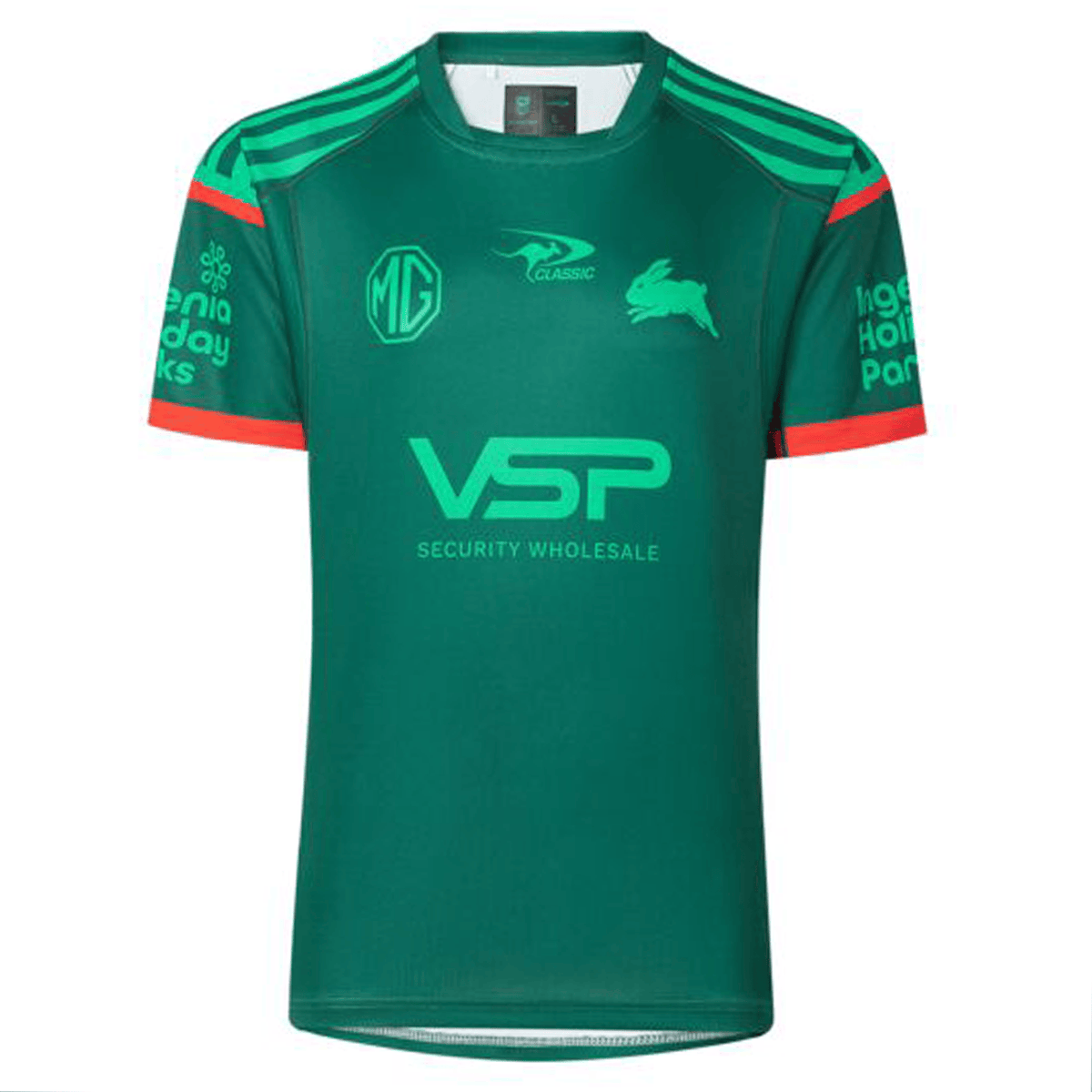 The Rabbitohs NRL 25/26 Special Edition Captains Run Jersey by Classic Sportswear features green and red short sleeves, various logos including MG, a kangaroo, and a rabbit, with "VSP Security Wholesale" on the front—a must-have for any Rabbitohs jersey collection.