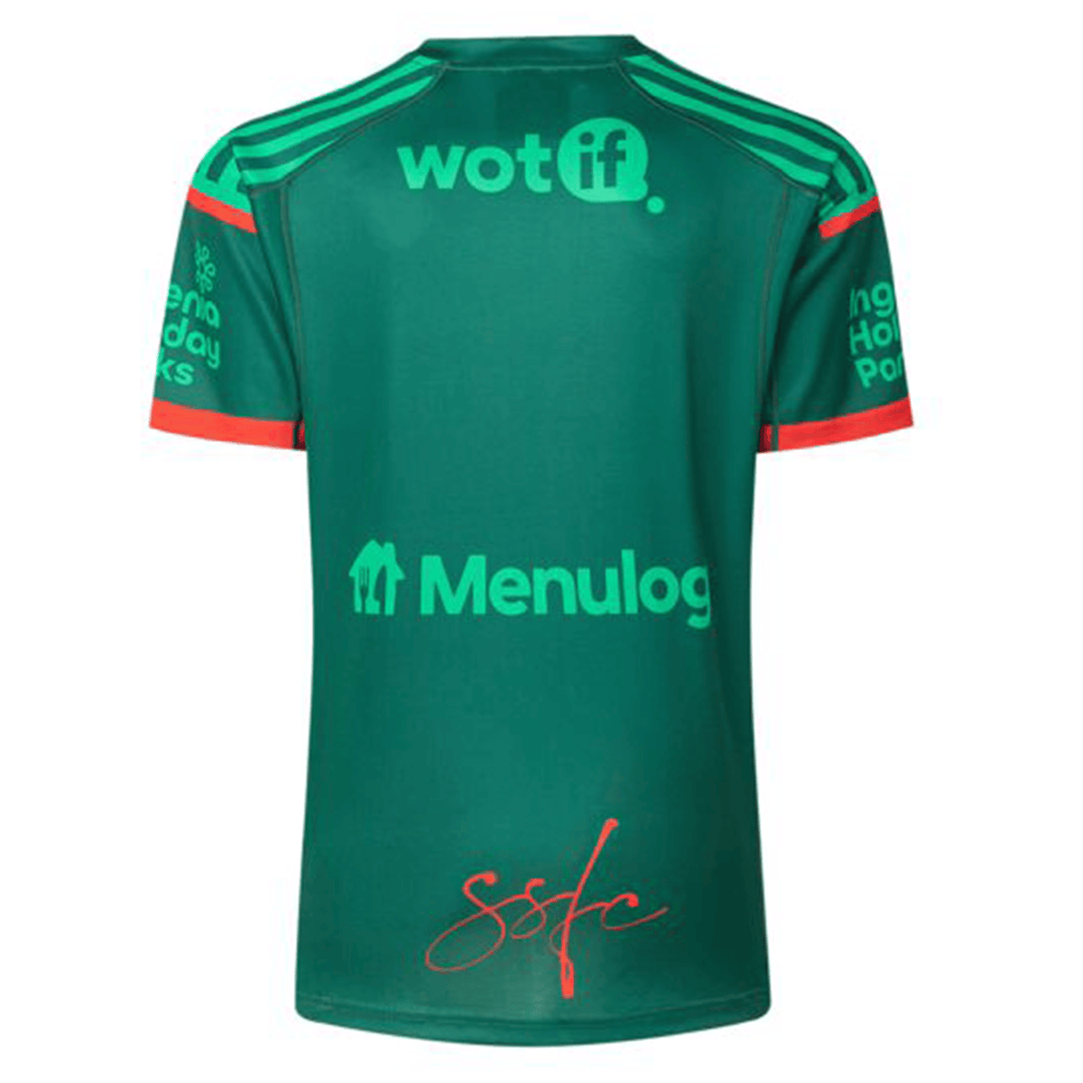 The back view of the Rabbitohs NRL 25/26 Special Edition Captains Run Jersey by Classic Sportswear shows a green design with red accents, featuring various sponsor logos like Menulog and Wotif, set against a white background.