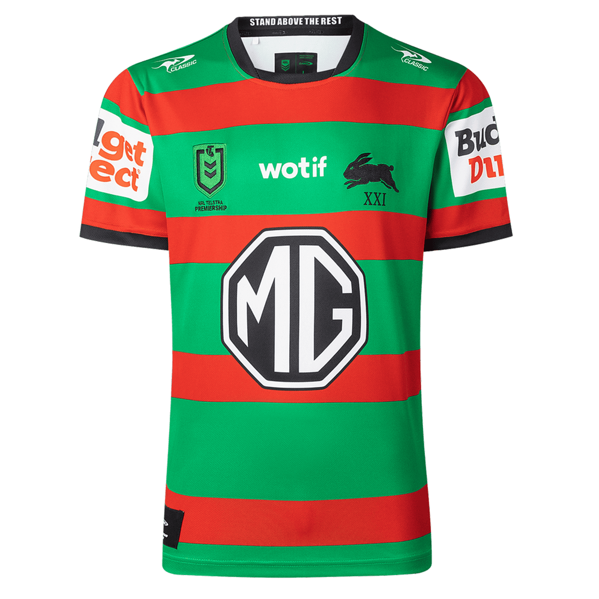 The Rabbitohs NRL 26/27 Replica Home Jersey by Classic Sportswear features red and green stripes, sponsor logos (MG, wotif, Budget Direct), and a black rabbit emblem—an authentic South Sydney home jersey.