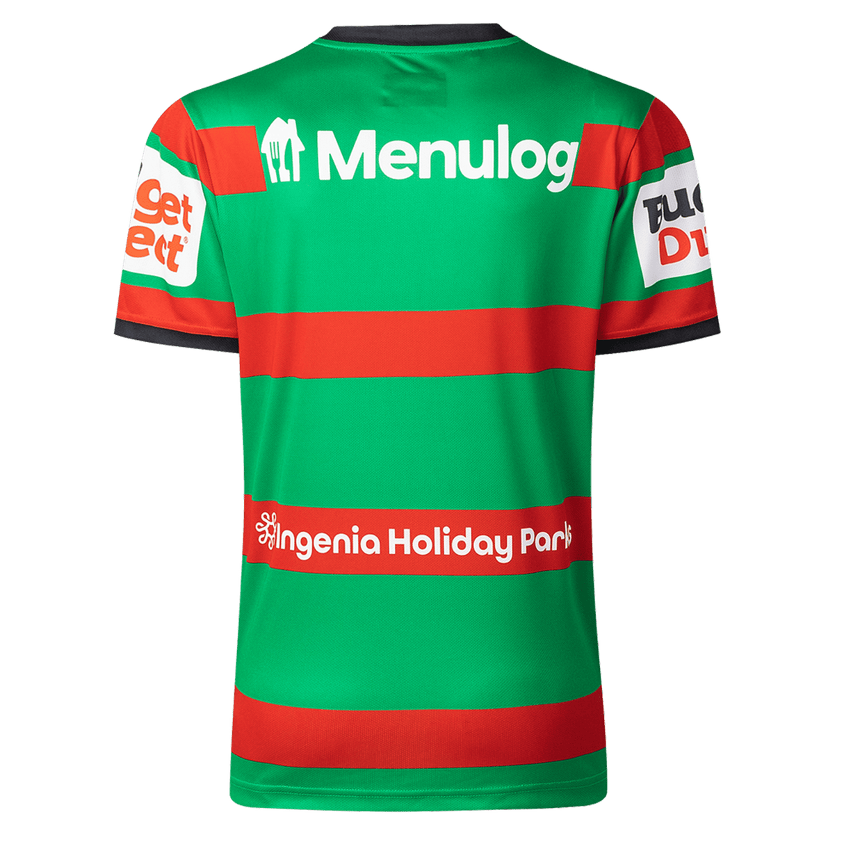 The Rabbitohs NRL 26/27 Replica Home Jersey by Classic Sportswear features green and red stripes, sponsor logos (Menulog, Ingenia Holiday Parks, Budget Direct), and is shown from the back.