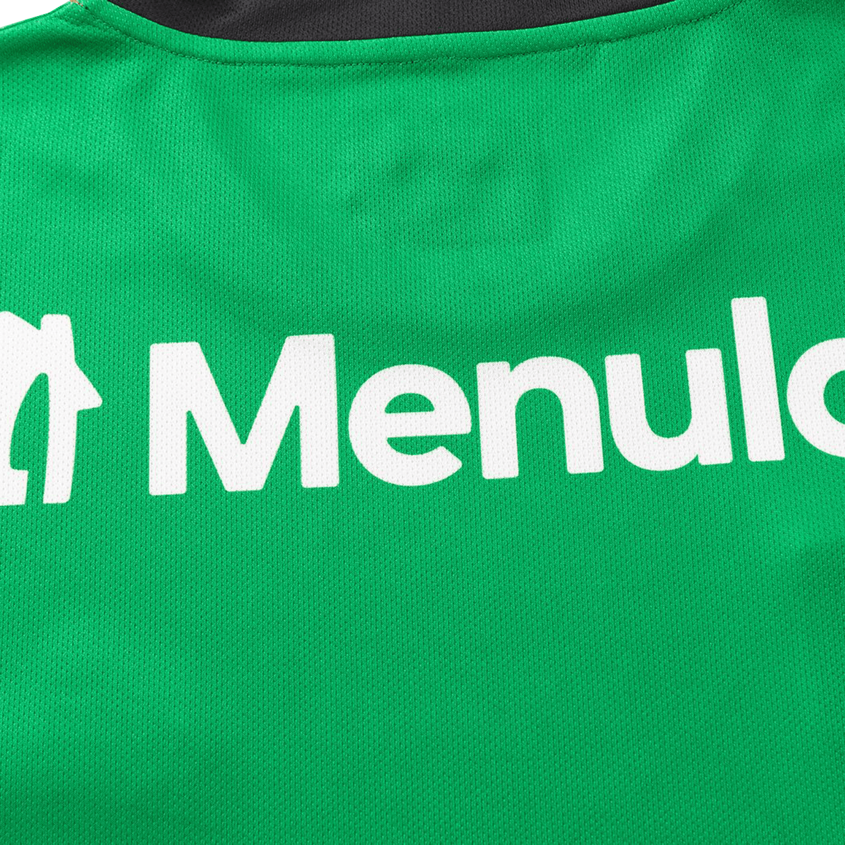 Close-up of green fabric with white "Menul" text and part of a logo on the Rabbitohs NRL 26/27 Replica Home Jersey by Classic Sportswear.