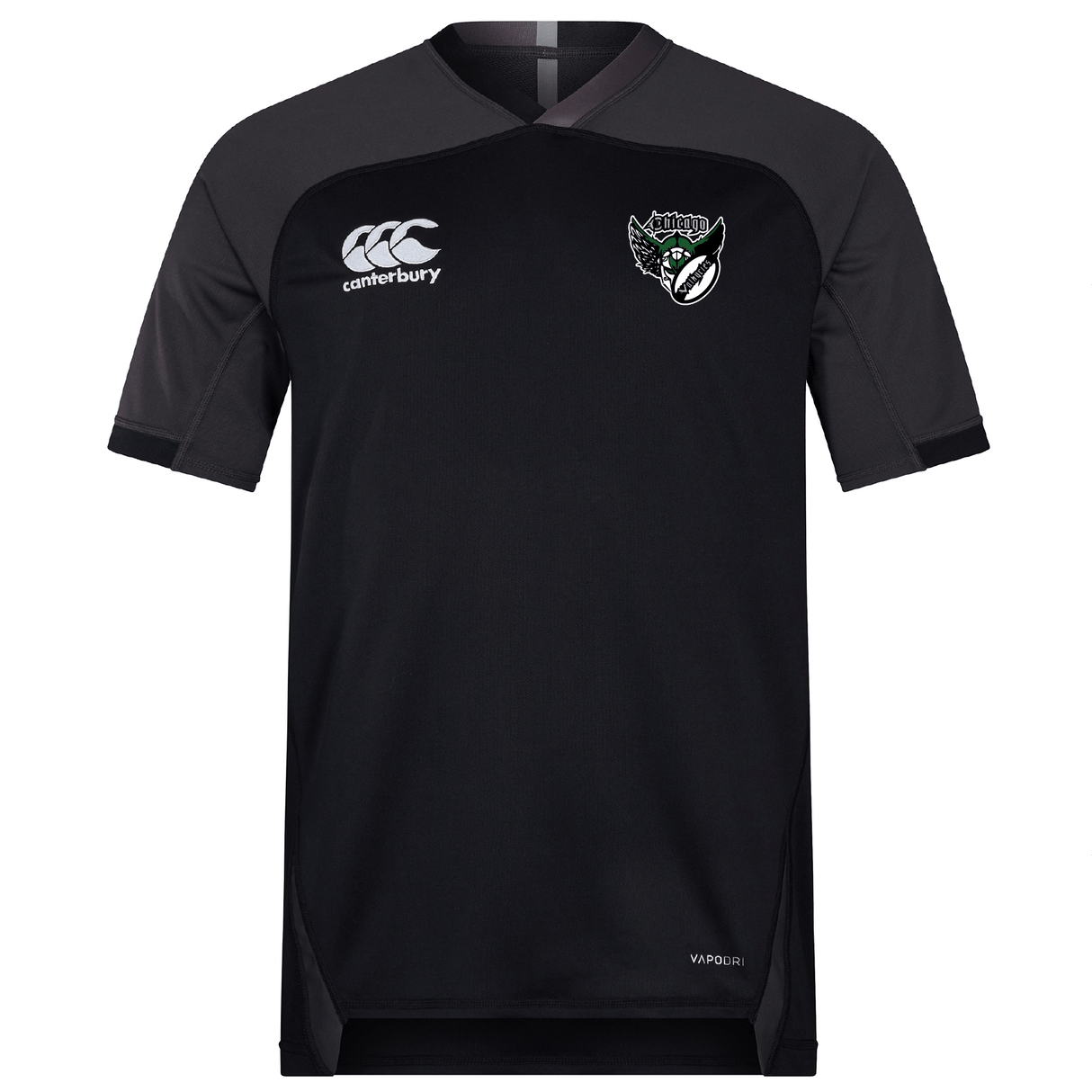 The Chicago Valkyries Vapodri Evader Jersey by EMB Canterbury is black and dark gray with a stylized bird and rugby ball logo, plus "Canterbury" branding on the chest. It features a Canterbury neckline and moisture-wicking technology to ensure comfort on the field.