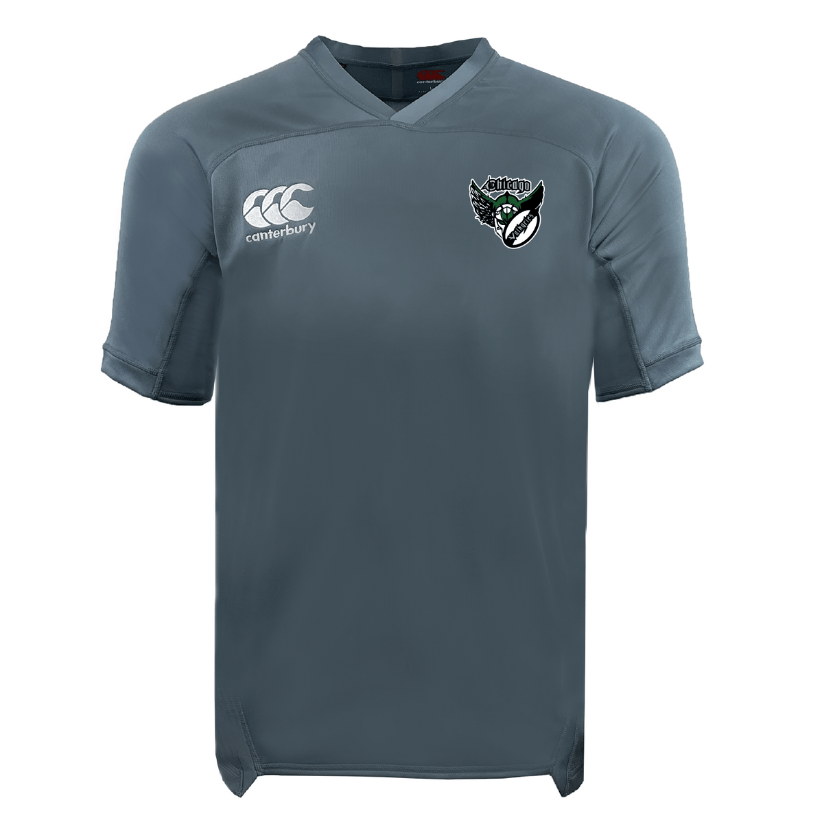 The Chicago Valkyries Vapodri Evader Jersey by EMB Canterbury is gray, has a classic Canterbury neckline, features the logo on the right chest and a black-and-green "Raiders" bird emblem on the left. Its moisture-wicking technology ensures optimal performance.