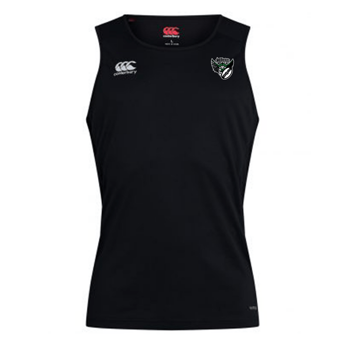 The Chicago Valkyries Club Dry Singlet by EMB Canterbury is a black sleeveless sports shirt with a white logo on the left chest, subtle embroidery, and Vapodri Technology for moisture control. Ideal athletic gear, it’s showcased against a plain backdrop.