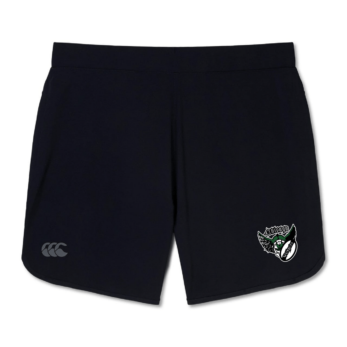 The Chicago Valkyries Women's Elite Woven Short by EMB Canterbury features a green and white logo on the front left and a smaller gray logo on the right, perfect for enhancing your training regimen.