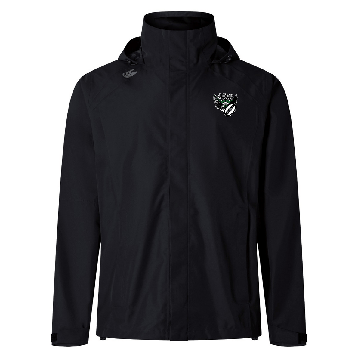 The Chicago Valkyries Elite Storm Jacket by EMB Canterbury is a black jacket with a high collar, features a small embroidered chest logo, and has a lightweight mesh lining for added comfort.