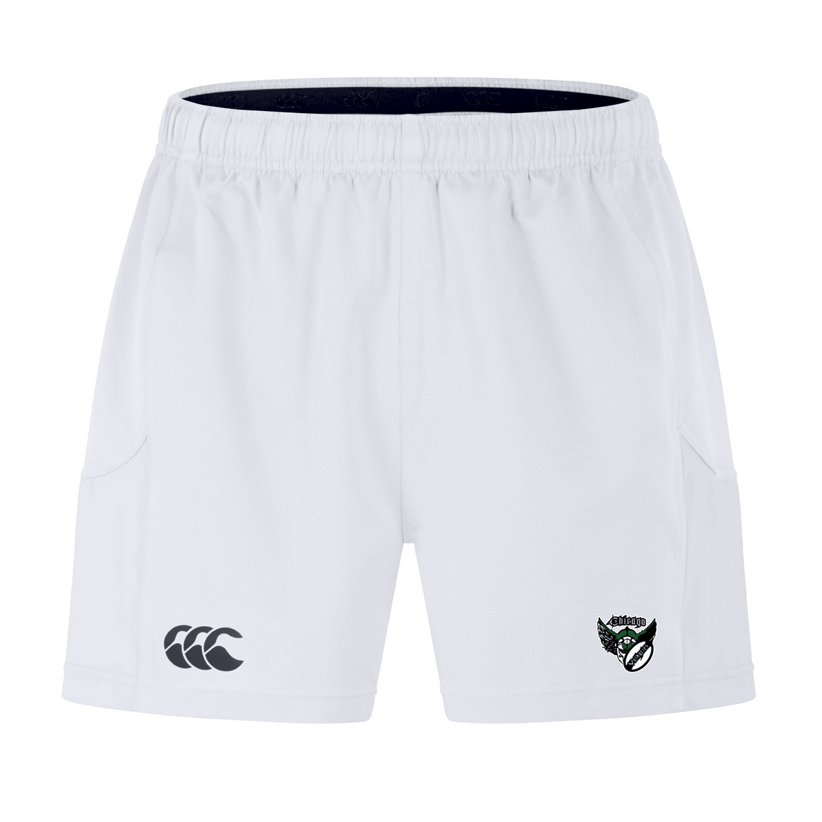 The Chicago Valkyries Advantage Short 2.0 by EMB Canterbury are white performance shorts with two front logos, an elastic waistband, side pockets, and made from recycled materials.