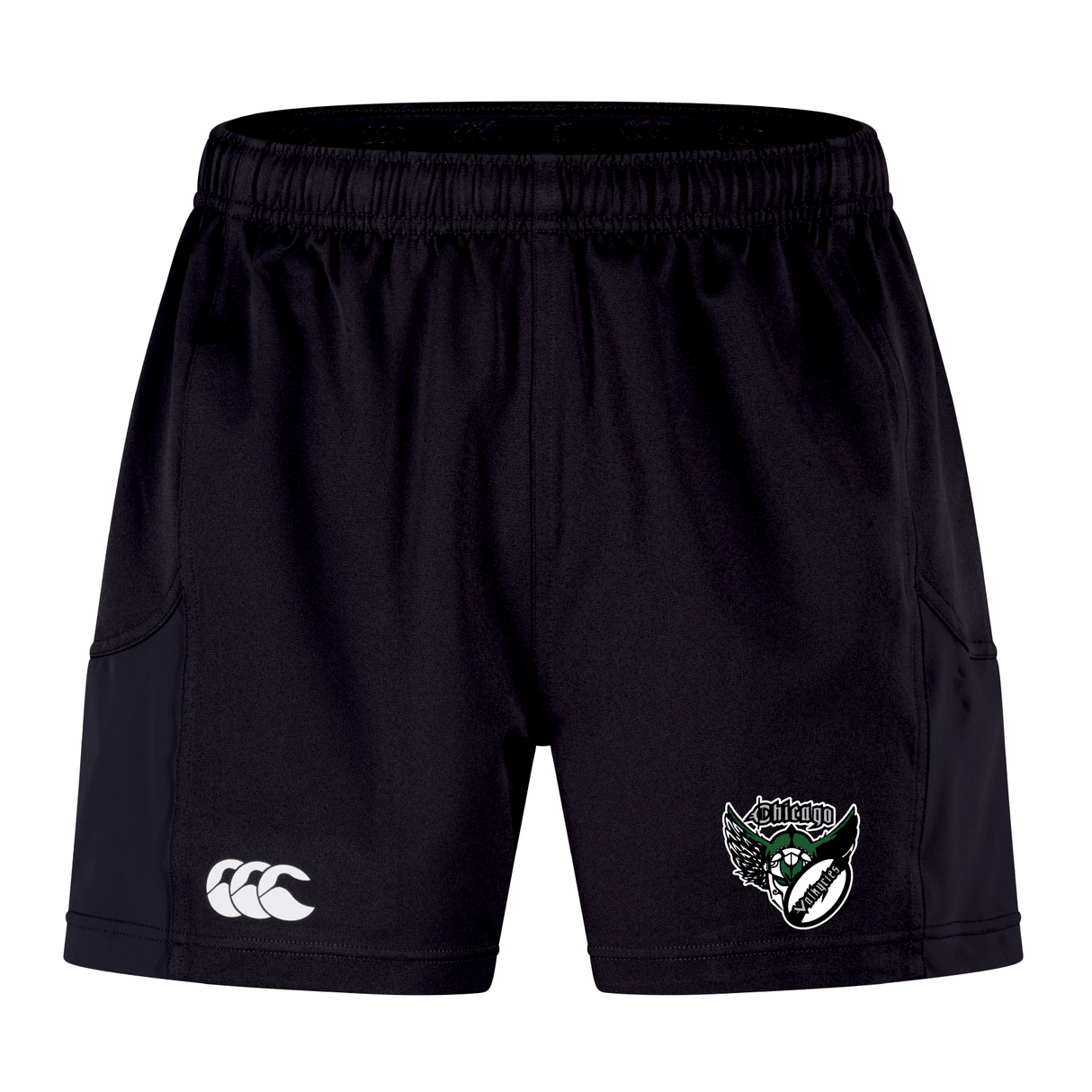 Chicago Valkyries Advantage Short 2.0 by EMB Canterbury features the Canterbury logo on the left and a winged rugby ball emblem on the right, crafted with recycled content for enhanced performance.