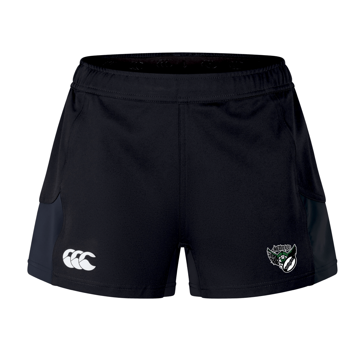 The Chicago Valkyries Women's Advantage Short 2.0 by EMB Canterbury in black boasts a white logo on the left and a crest on the right. Made with recycled content, they blend style and sustainability.