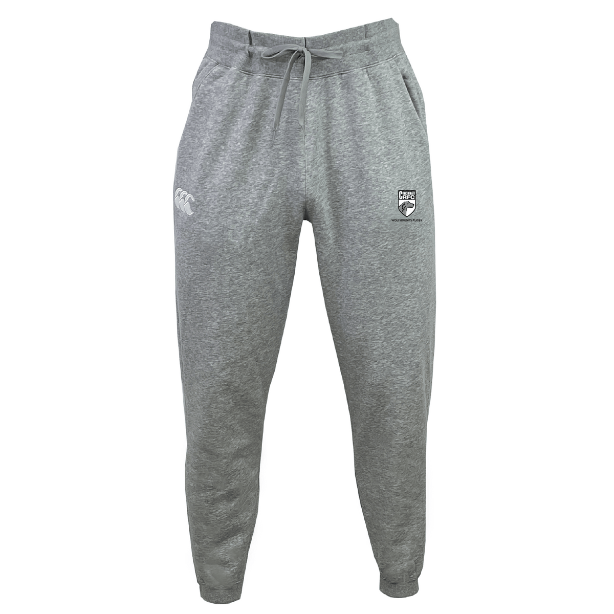 The Cincinnati Wolfhounds Leisure Sweatpant by EMB Canterbury are gray, made from recycled polyester, and feature an elastic waistband, drawstring, and two front logos.