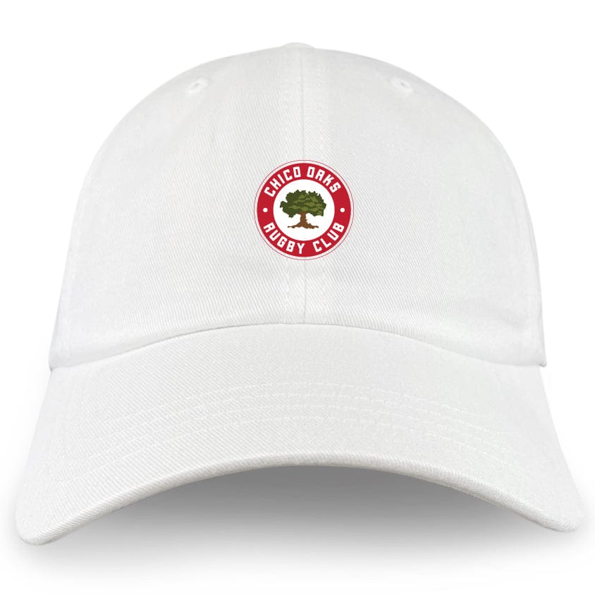 The Chico Oaks Adult Low-Profile Cotton Twill Dad Cap by EMB S&S Activewear features a circular red and white "Chico Oaks Rugby Club" logo with an oak tree embroidered on the front.