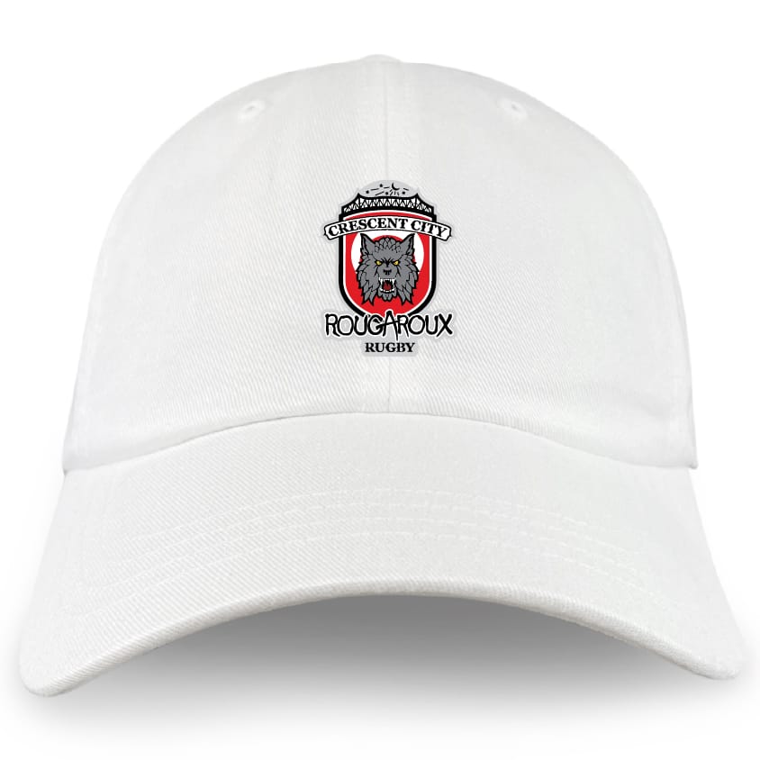 Support your team in the Crescent City Rougaroux Adult Low-Profile Cotton Twill Dad Cap by EMB S&S Activewear, featuring the "Crescent City Rougaroux Rugby" logo and a bold wolf head in a red and white shield on the front.