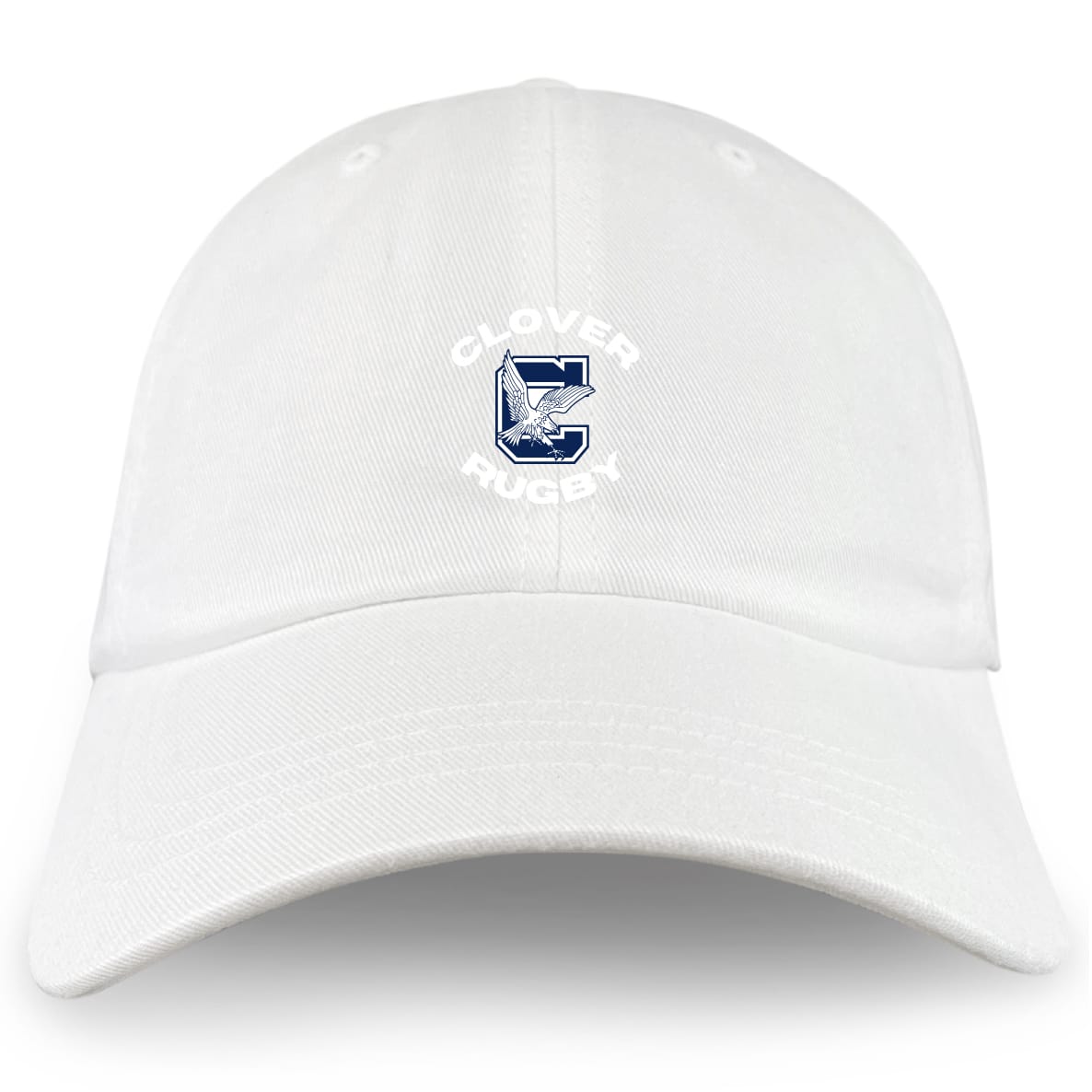 The Clover Middle School Adult Low-Profile Cotton Twill Dad Cap by EMB S&S Activewear features embroidered "Clover Rugby" and a stylized "C" with a blue hawk logo on the front.