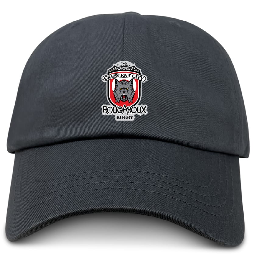 Show your team spirit with the Crescent City Rougaroux Adult Low-Profile Cotton Twill Dad Cap by EMB S&S Activewear, featuring an embroidered wolf logo on the front.
