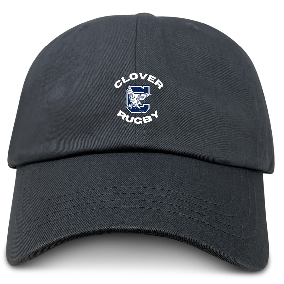 The Clover Middle School Adult Low-Profile Cotton Twill Dad Cap by EMB S&S Activewear is a black cotton twill hat featuring an embroidered blue and white "C" logo with "Clover Rugby" above and below.