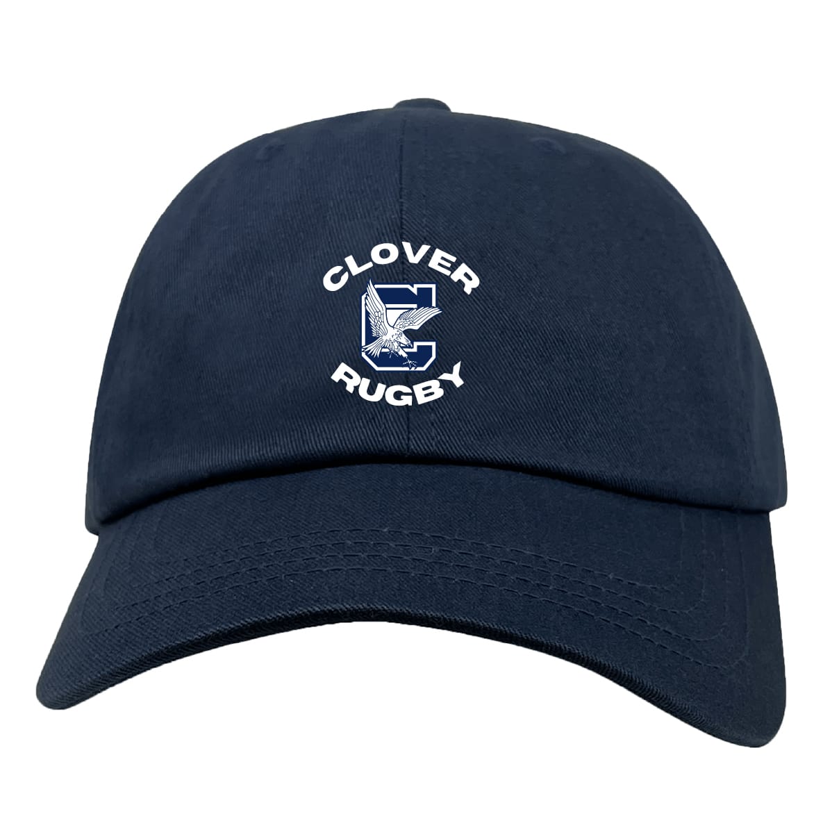 The EMB S&S Activewear Clover Middle School Adult Low-Profile Cotton Twill Dad Cap features navy blue cotton twill, with "Clover Rugby" and a large white "C" logo embroidered on the front.