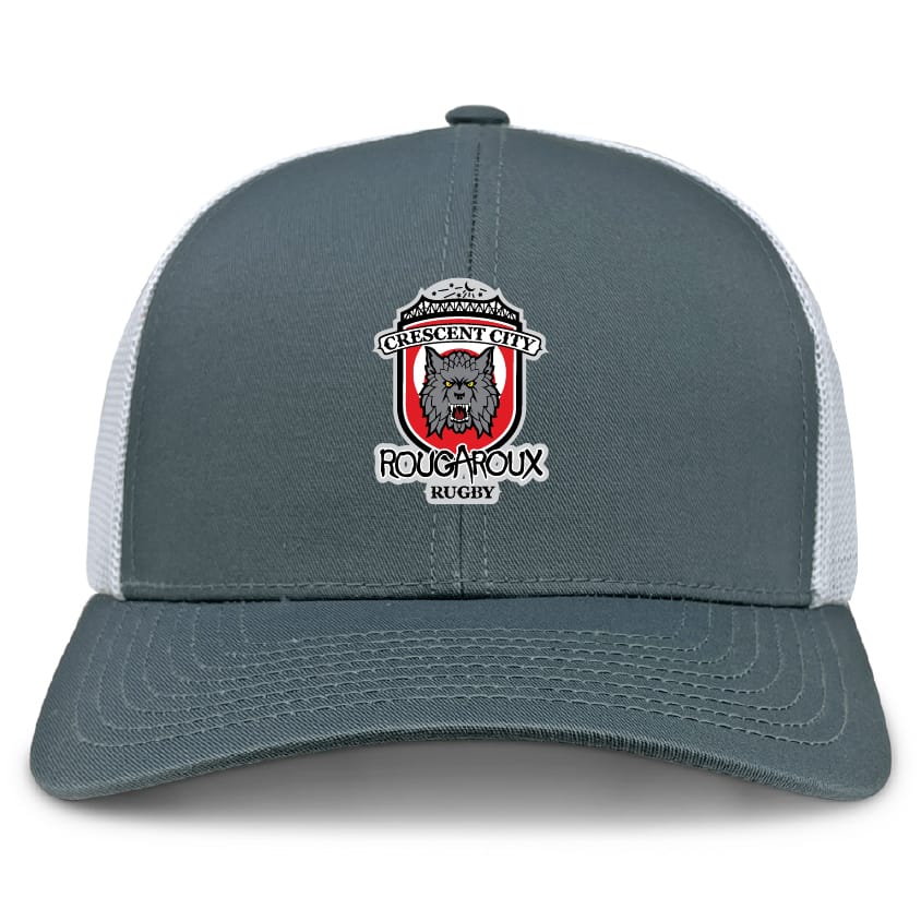The Crescent City Rougaroux Retro Trucker Cap by EMB S&S Activewear features a gray and white design, red and black wolf logo embroidery on front, and an adjustable snapback closure.