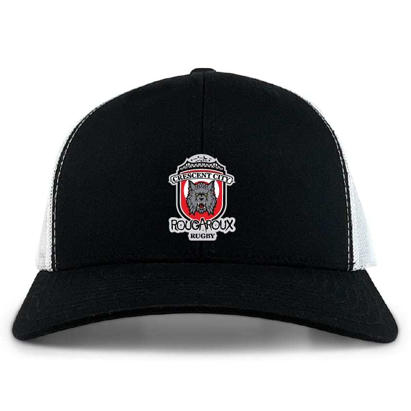 The Crescent City Rougaroux Retro Trucker Cap by EMB S&S Activewear is a black and white hat with a front embroidered "Crescent City Rougaroux Rugby" design, featuring a wolf head in a shield with red accents and an adjustable snapback closure.