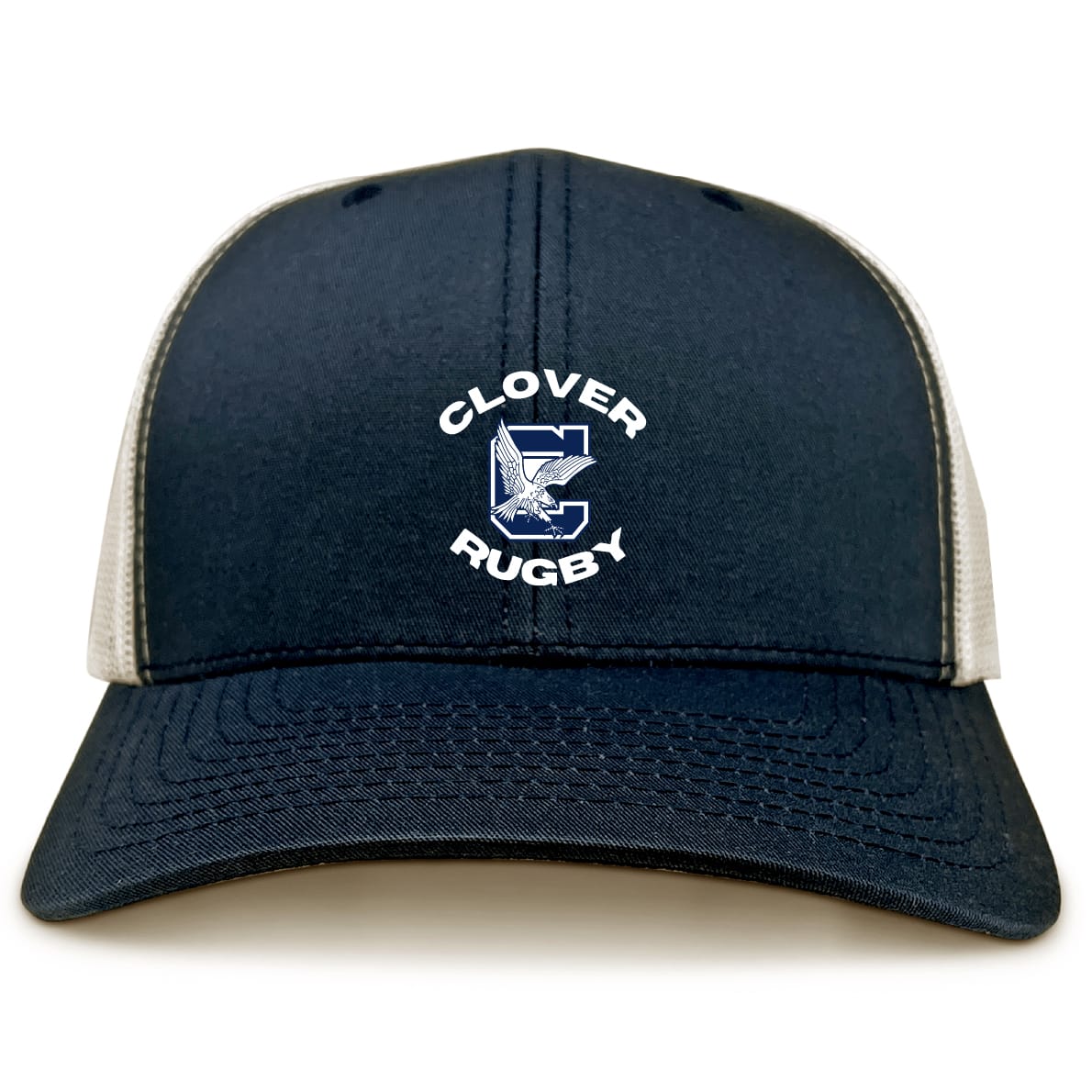The EMB S&S Activewear Clover Middle School Retro Trucker Cap is a navy and white trucker hat with "Clover Rugby" text, an embroidered large "C" and eagle on the front, plus a classic snapback closure for adjustable fit.