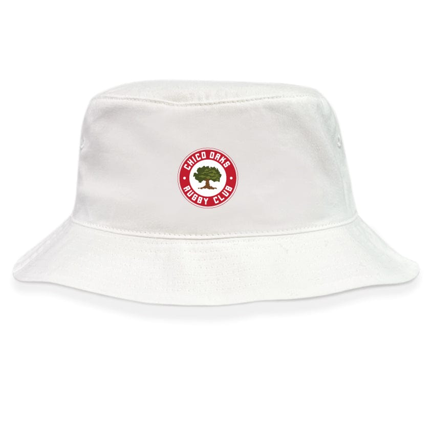 The Chico Oaks Crusher Bucket Cap by EMB S&S Activewear features white cotton twill and a red circular club logo with a tree—ideal for sun protection.