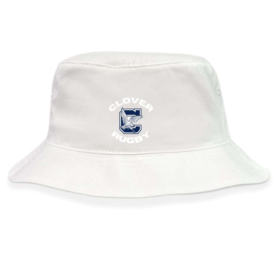 The EMB S&S Activewear Clover Middle School Crusher Bucket Cap is a white cotton twill hat with a "Clover Rugby" logo and embroidered letter "C" with clover—perfect stylish sun protection for any outing.