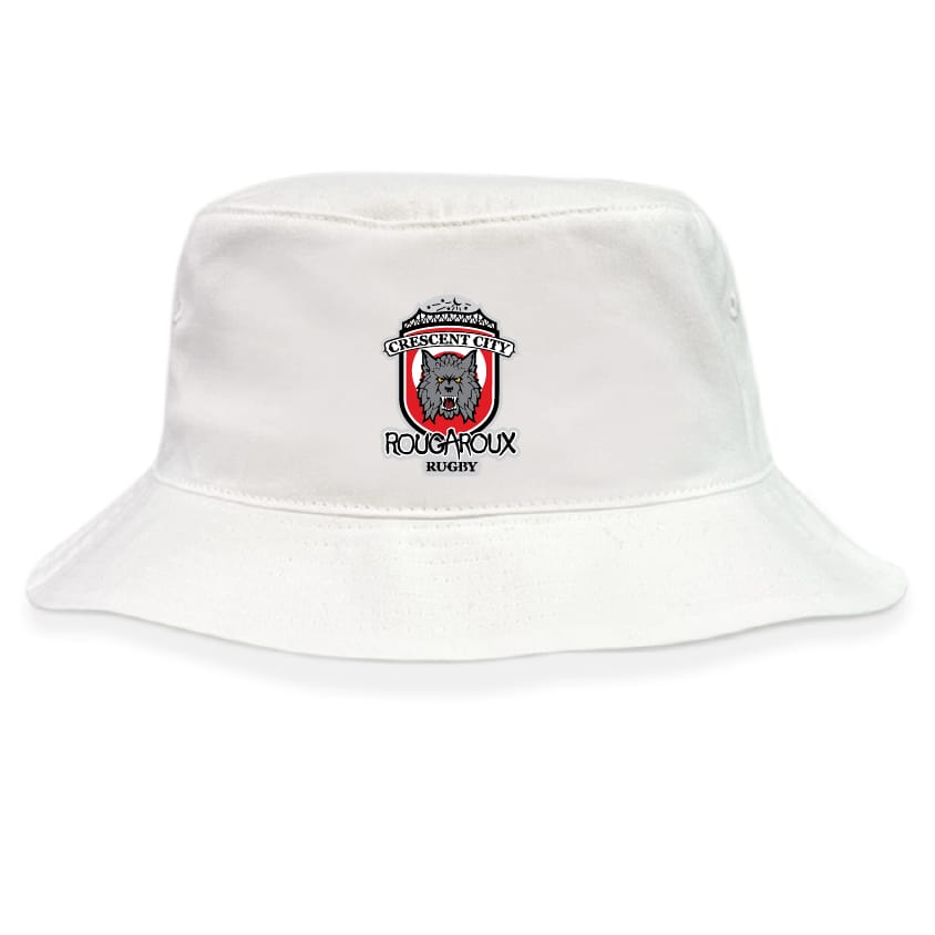 The Crescent City Rougaroux Crusher Bucket Cap by EMB S&S Activewear is a white cotton twill hat featuring the team’s wolf logo with red accents, combining stylish sun protection with bold rugby spirit.