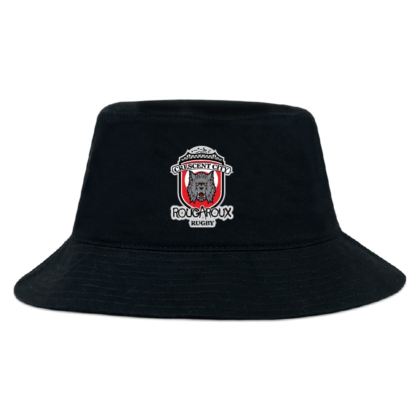 The Crescent City Rougaroux Crusher Bucket Cap by EMB S&S Activewear is a black cotton twill hat with a red, white, and black embroidered wolf rugby crest and "ROUG-À-PIOUX RUGBY" text on the front—ideal for sun protection.