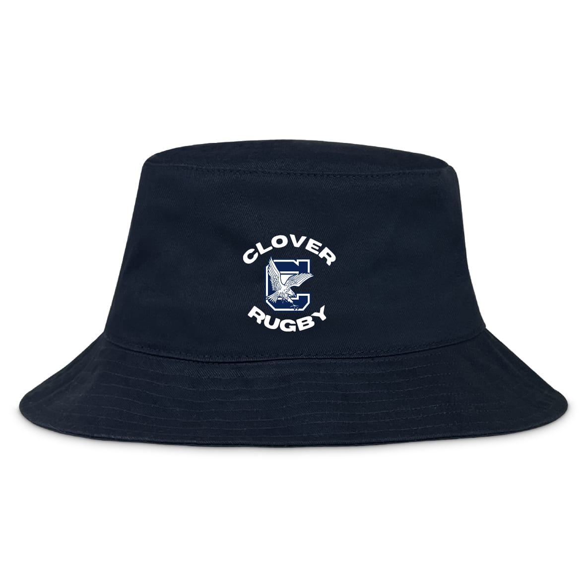 The EMB S&S Activewear Clover Middle School Crusher Bucket Cap is a navy blue cotton twill hat with a "Clover Rugby" logo—featuring a large "C" and stylized clover—blending classic style with sun protection.