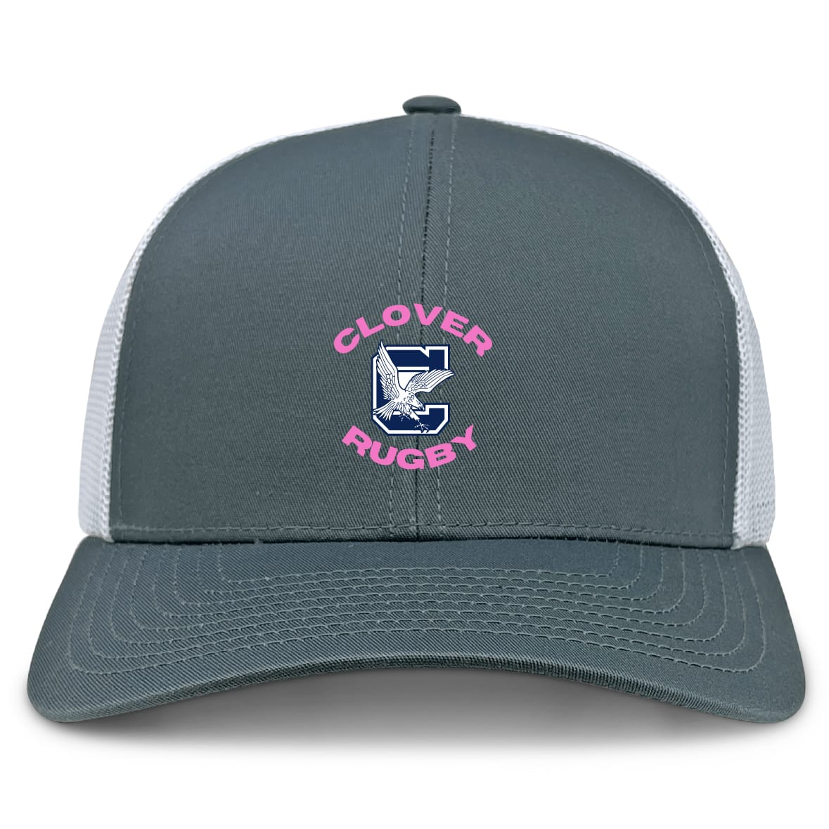 The Clover Middle Girls Retro Trucker Cap by EMB S&S Activewear features a gray and white design with “Clover Rugby” in pink and an embroidered “C” logo on the front, plus a comfortable snapback closure for adjustable fit.