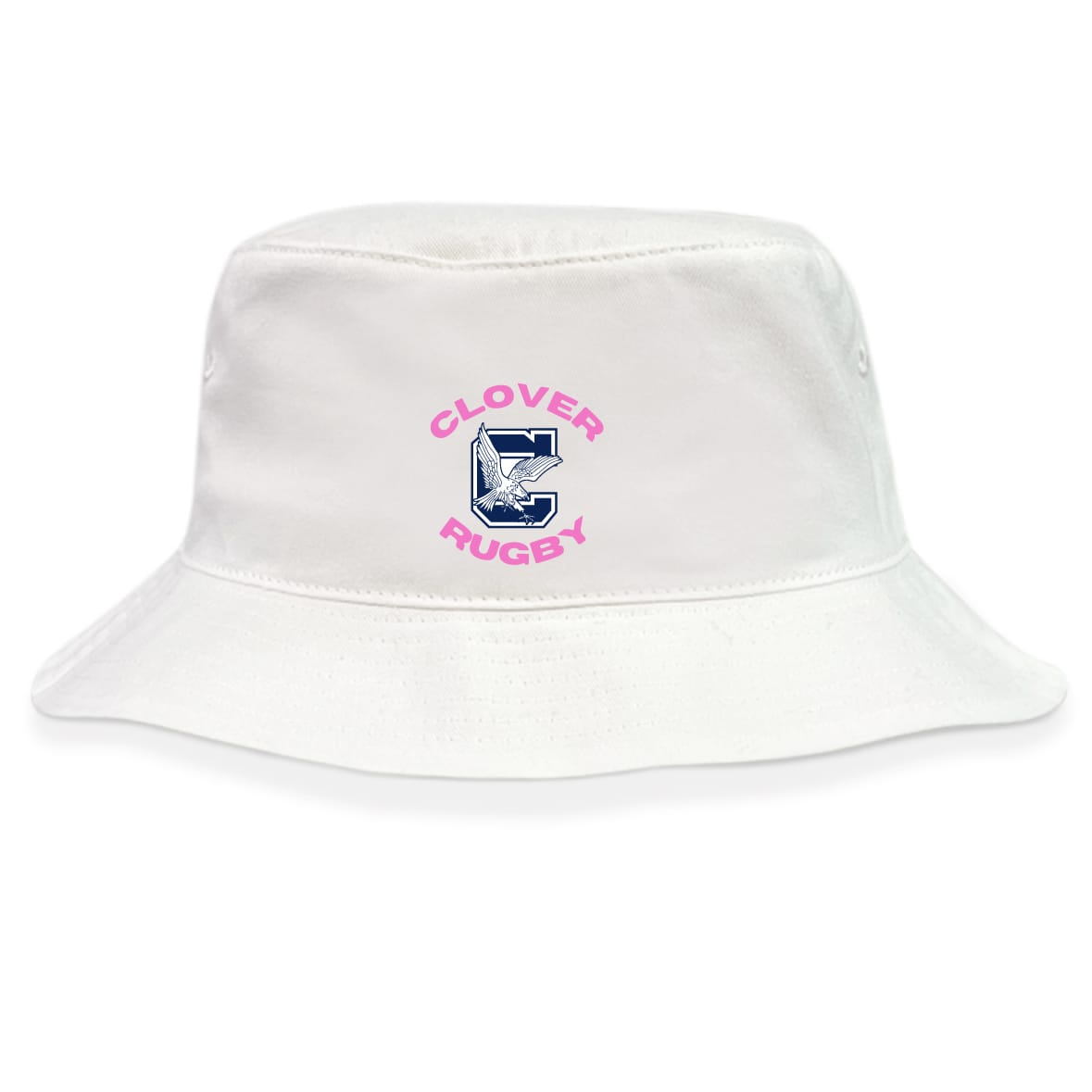The Clover Middle Girls Crusher Bucket Cap by EMB S&S Activewear is a white cotton bucket hat with a blue "C" bird logo and pink "Clover Rugby" text—perfect stylish sun protection for any casual occasion.