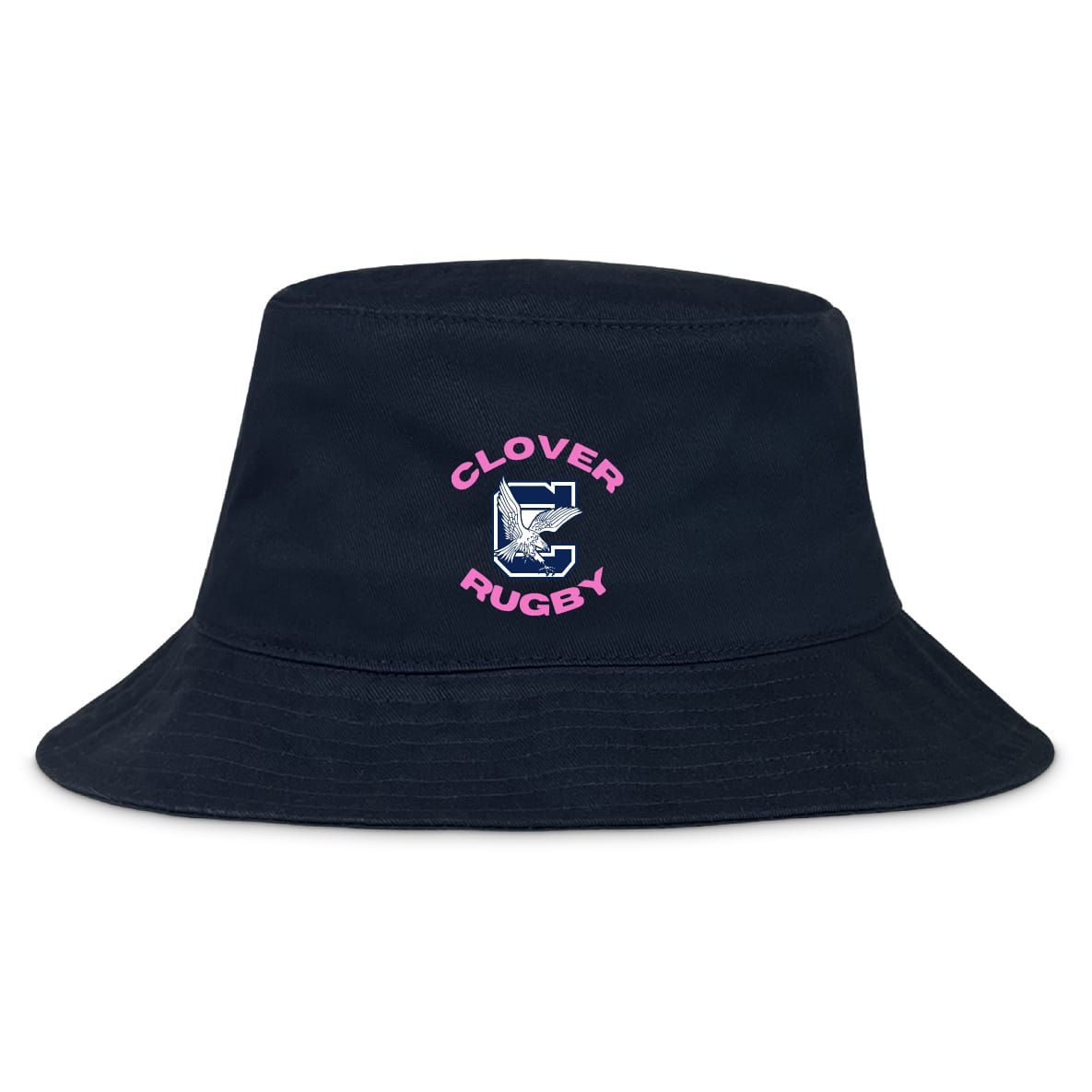 The Clover Middle Girls Crusher Bucket Cap by EMB S&S Activewear features a black cotton build with "Clover Rugby" and a bold pink and white "C" logo on the front, providing sporty style and everyday comfort with sun protection.