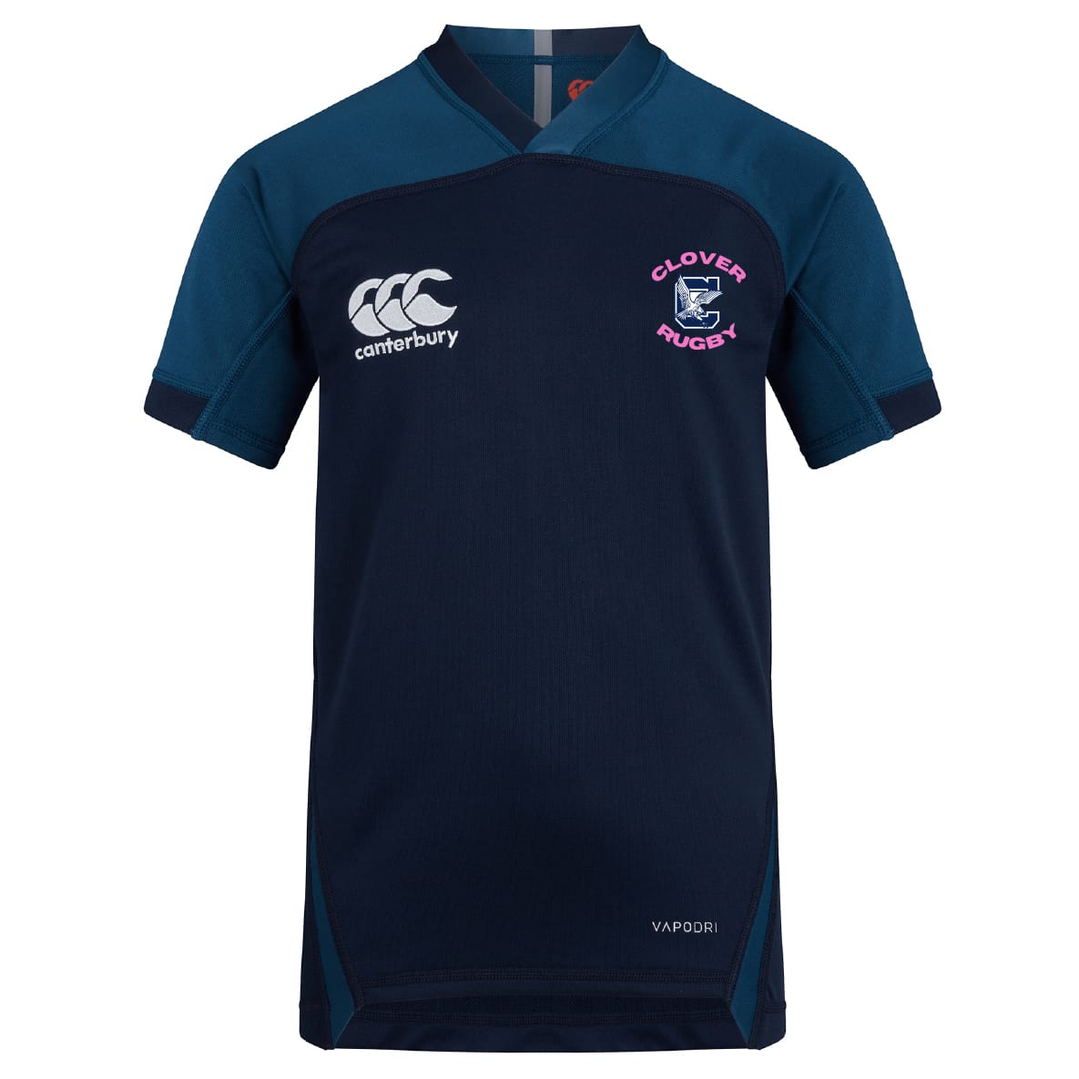 The Clover Middle Girls Vapodri Evader Jersey by EMB Canterbury features navy blue fabric, teal shoulder panels, a white logo, pink "Clover Rugby" crest, and "Vapodri" branding—designed as moisture-wicking sportswear for peak performance.