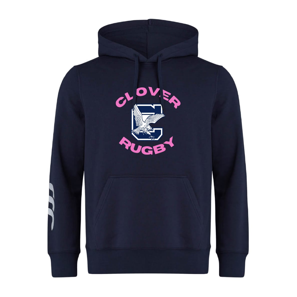 The Clover Middle Girls Club Hoodie by WRS Canterbury is navy blue with a front pocket, "Clover Rugby" and a stylized eagle with a "C" on the chest, plus three white stripes on the left sleeve.