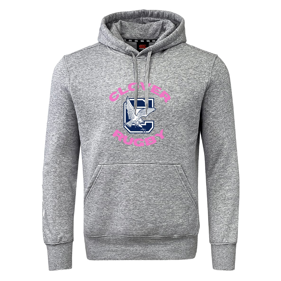 The Clover Middle Girls Club Hoodie by WRS Canterbury is a gray hooded sweatshirt with a front pocket, large "C" logo, illustrated bird, and pink "Clever Rugby"—a standout choice for any rugby fan.