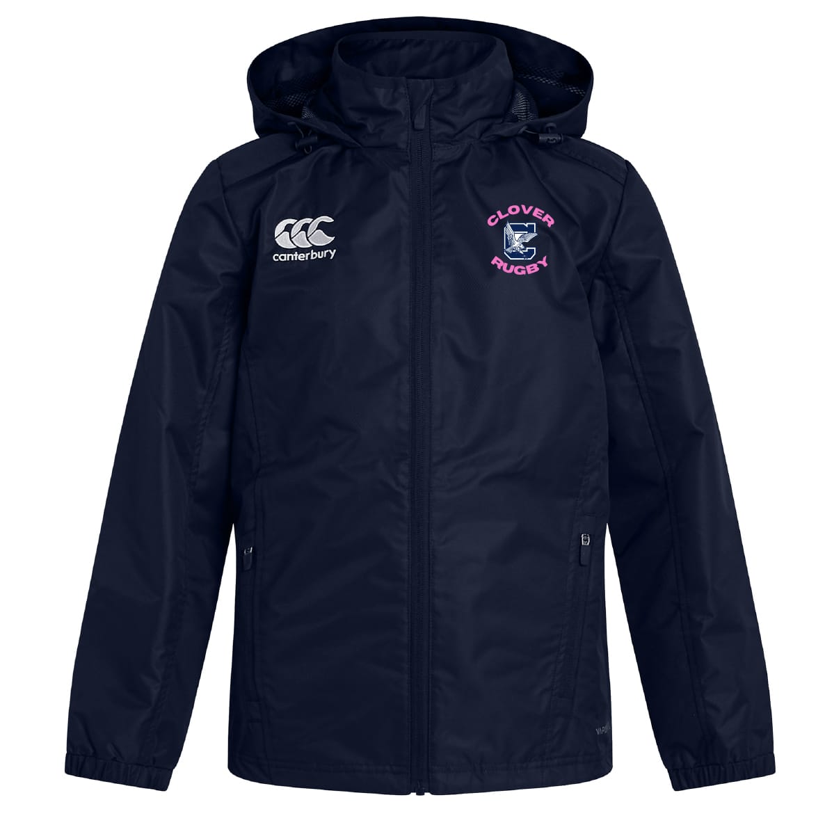 The Clover Middle Girls Club Vaposhield Stadium Jacket by EMB Canterbury is a navy water-repellent jacket featuring "CLOVERS RUGBY" and crest on the left chest, plus a Canterbury logo on the right—a perfect choice for rugby stadium days.