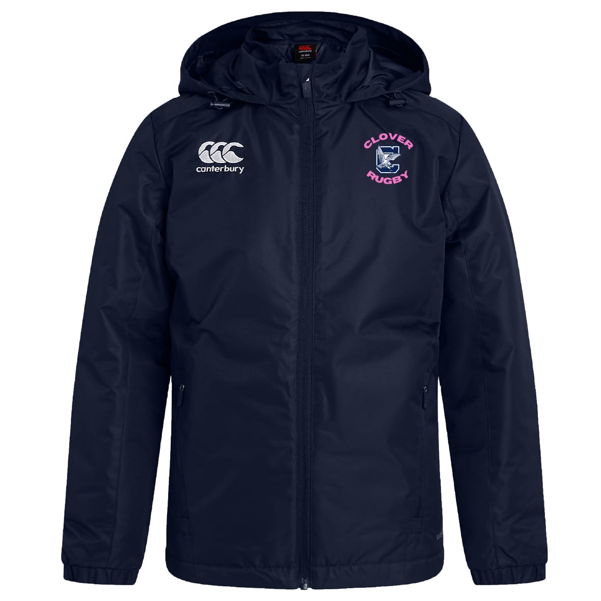 The Clover Middle Girls Club Vaposhield Full Zip Rain Jacket by EMB Canterbury features a navy blue design, front zipper, white Canterbury logo on the right chest, and a pink and blue Clover Rugby crest on the left chest.