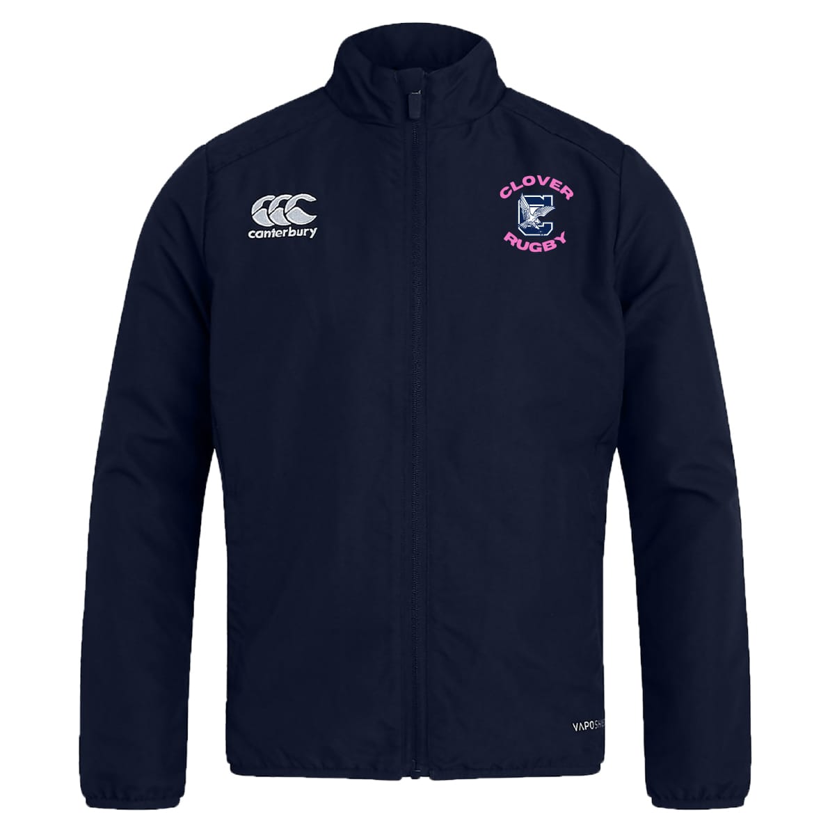 The Clover Middle Girls Club Track Jacket by EMB Canterbury features a navy blue zip-up design, white Canterbury logo on the right chest, and "Clover Rugby" crest on the left—ideal for girls' tracksuit collections.