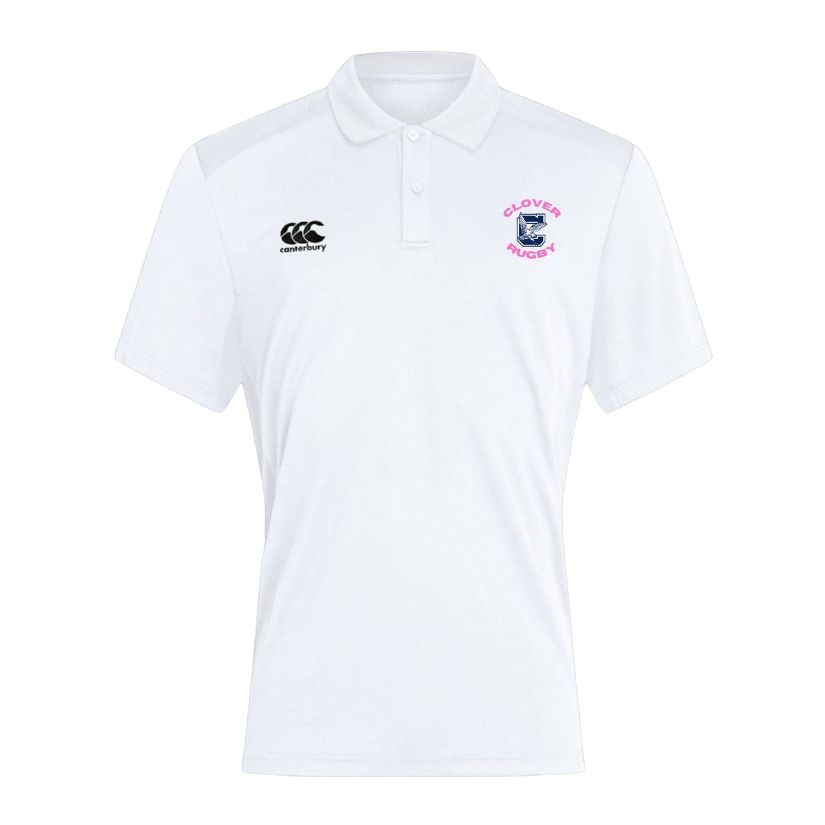 The Clover Middle Girls Club Dry Polo by EMB Canterbury is a white, short-sleeved polo with a collar, featuring the Canterbury logo on the right chest and Clovers Rugby logo on the left, made with breathable Vapodri Technology for comfort.