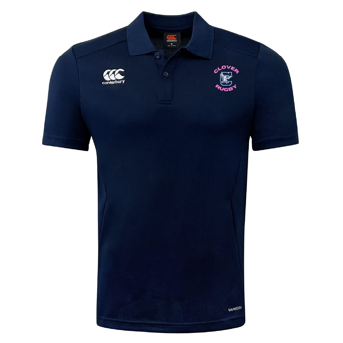 The EMB Canterbury Clover Middle Girls Club Dry Polo is a navy short-sleeve collared shirt with Vapodri Technology for breathability, featuring the Canterbury logo and Clover Rugby crest on the chest.