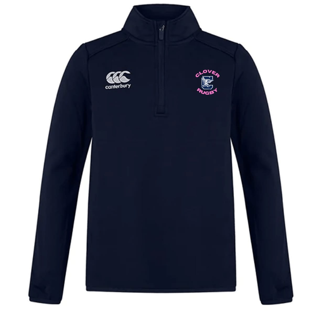 The Clover Middle Girls Club 1/4 Zip Mid Layer Training Top by EMB Canterbury is a navy blue rugby top with a white Canterbury logo on the right chest and a "Clover Rugby" crest on the left—ideal for training sessions.