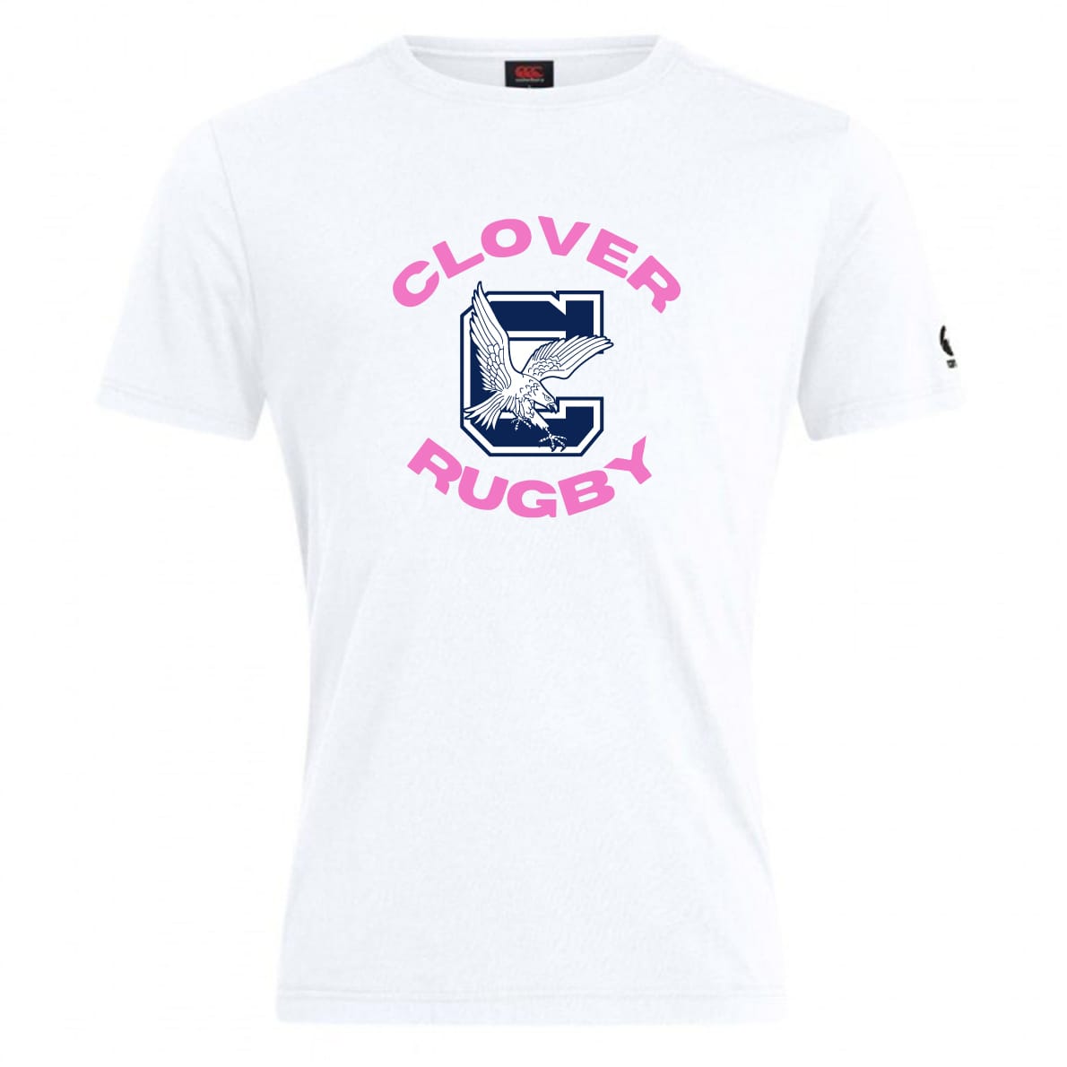 The Clover Middle Girls Club Plain Tee by WRS Canterbury features a large navy "C," an eagle illustration, and pink "CLOVER RUGBY" text. This white cotton-blend tee is a perfect customizable option for casual, sporty style.