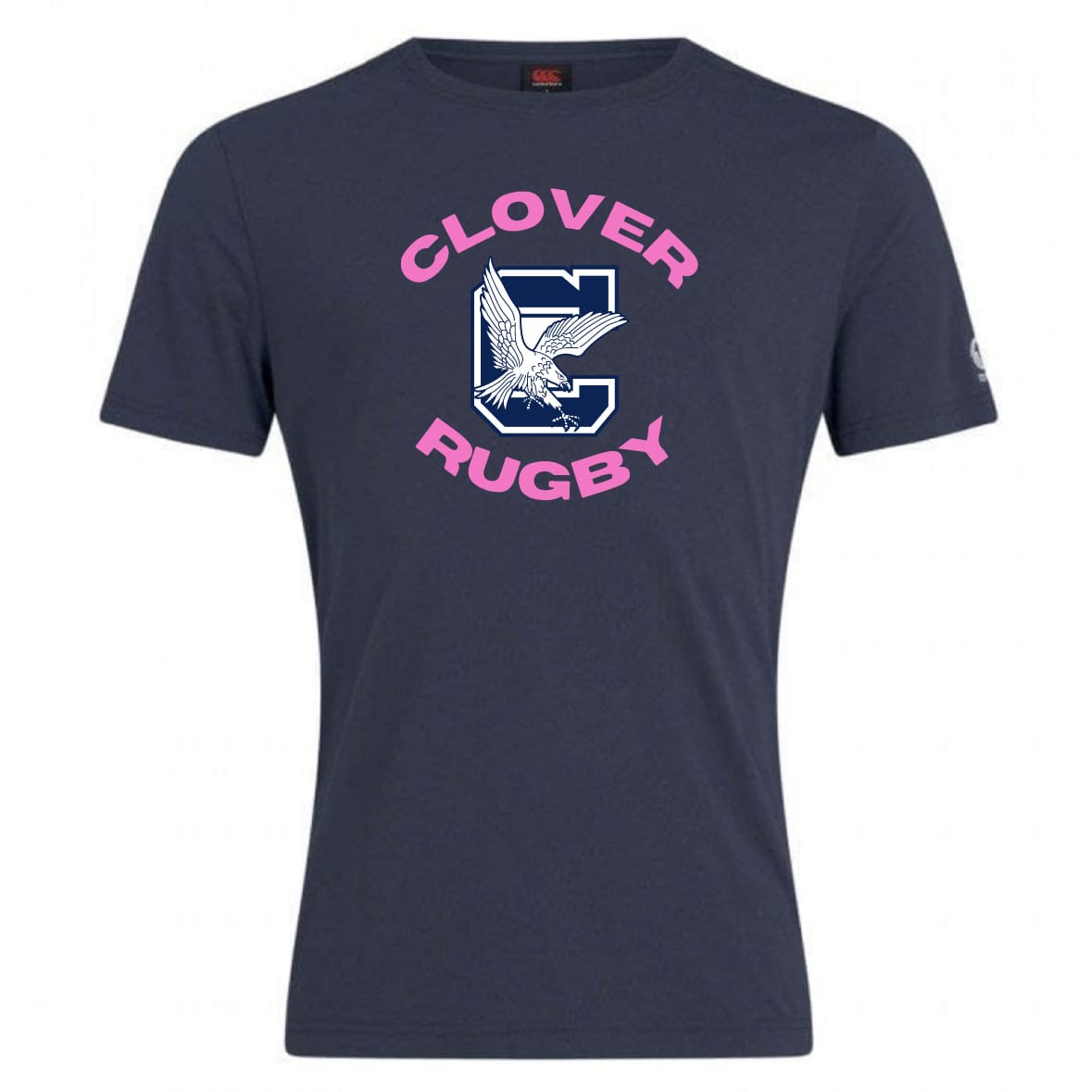 The Clover Middle Girls Club Plain Tee by WRS Canterbury is a navy blue cotton blend shirt with "CLOVER RUGBY" in pink and a large white "C" with an eagle graphic at the center.