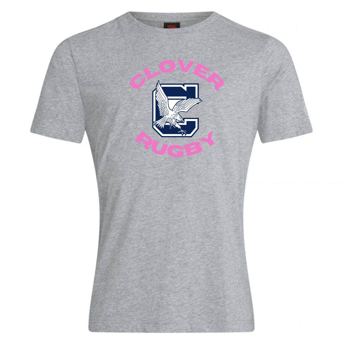 The WRS Canterbury Clover Middle Girls Club Plain Tee by Canterbury is a grey cotton-blend shirt with pink text and a bold blue "C" with an eagle—an eye-catching, customizable choice for fans.