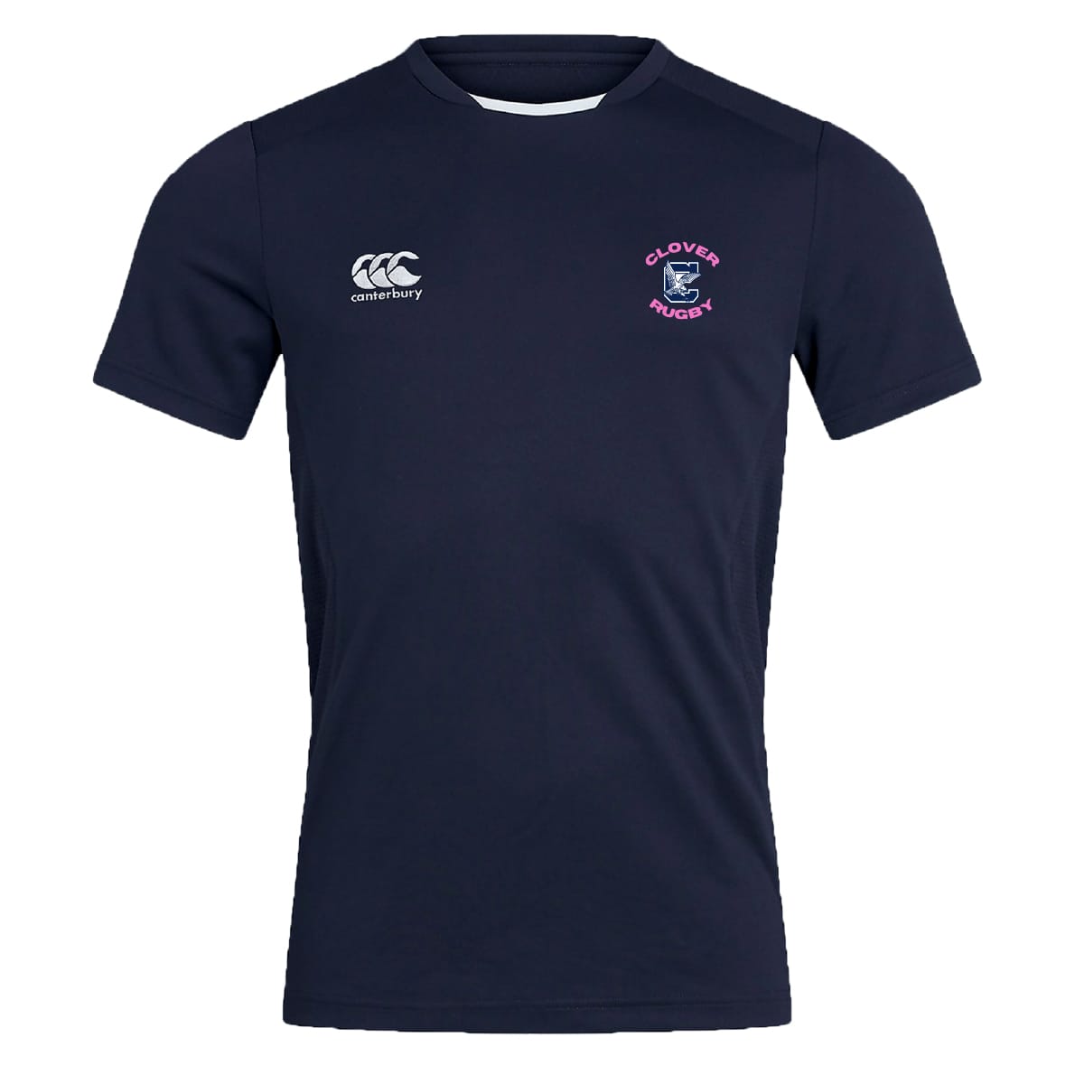 The Clover Middle Girls Club Dry Tee by EMB Canterbury is a navy blue short-sleeve tee with Vapodri technology, featuring the Canterbury logo on the right chest and a "Clovers Rugby" crest on the left.