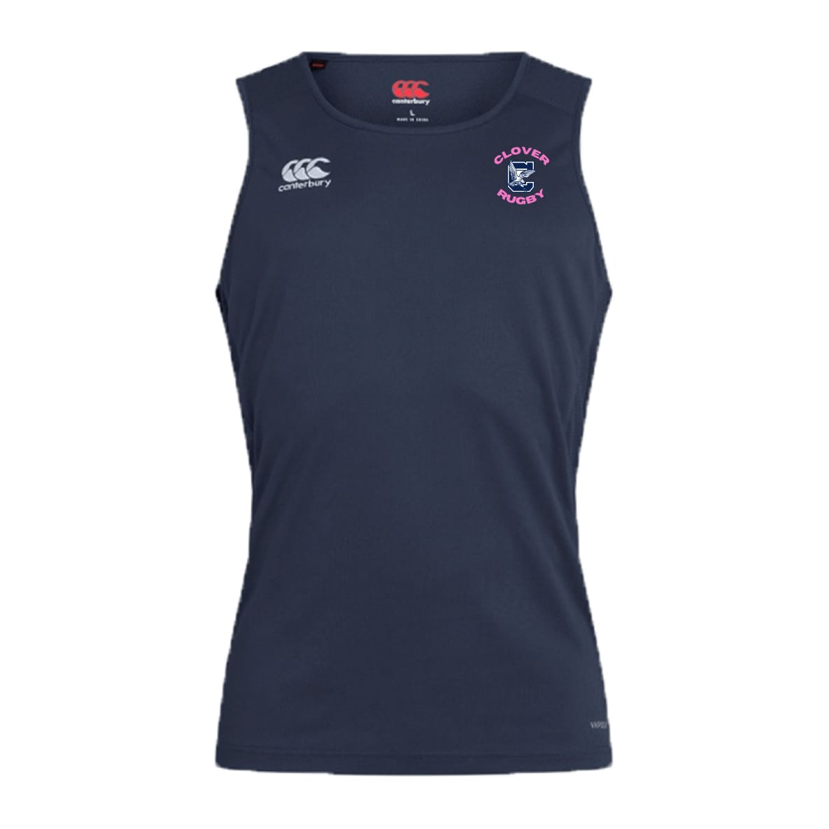 The Clover Middle Girls Club Dry Singlet by EMB Canterbury features a sleeveless navy design with "Clovers Rugby" on the left chest and the Canterbury logo on the right—ideal for athletic gear fans.
